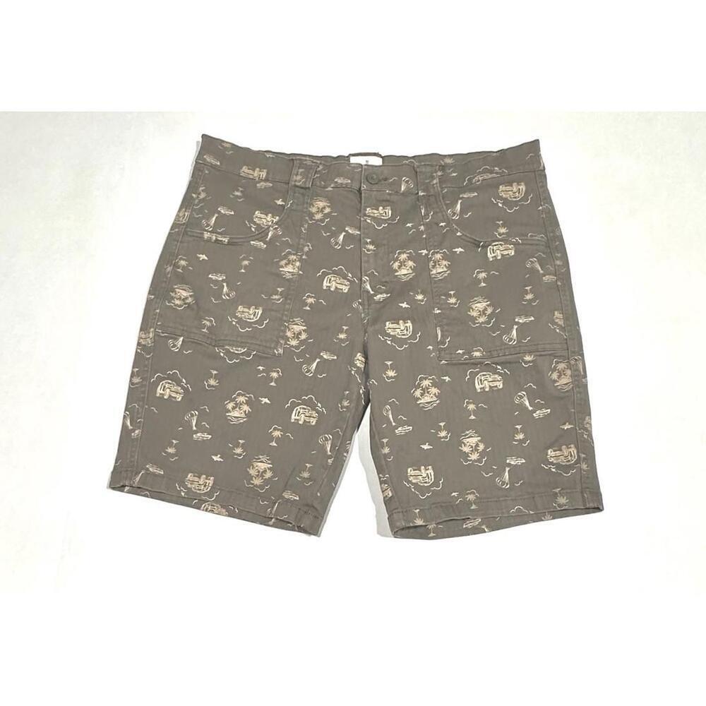 Mutual Weave Mens Graphic Shorts Green Brown Palm Trees Beach Flat Front Size 38 - Picture 5 of 12